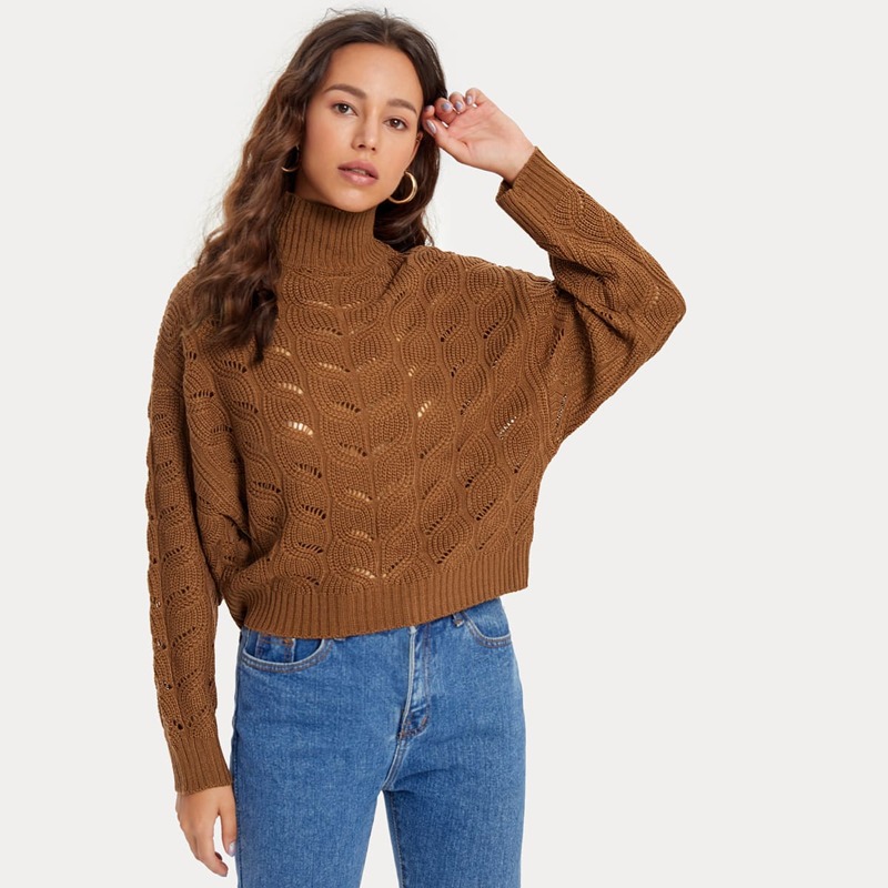 

Drop Shoulder High Neck Sweater, Brown