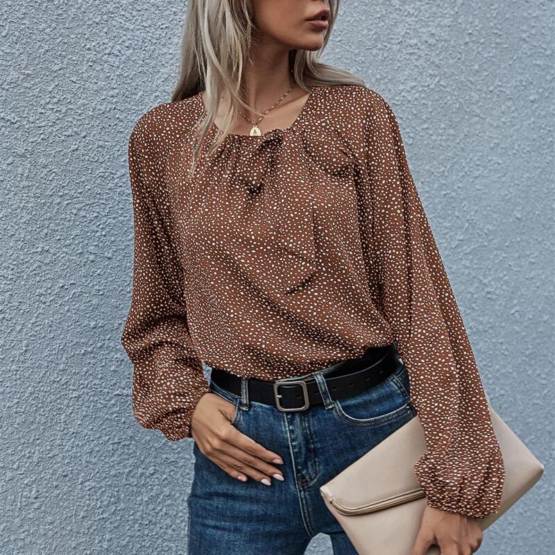 

Tie Front Bishop Sleeve Dalmatian Blouse, Coffee brown