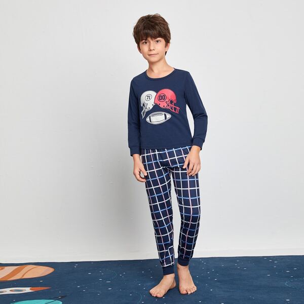 

Boys Plaid And Graphic Print PJ Set, Navy blue