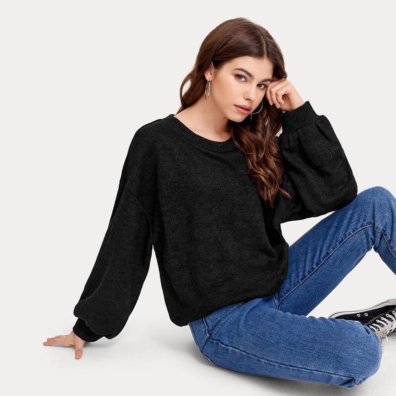 

Drop Shoulder Lantern Sleeve Sweater, Black