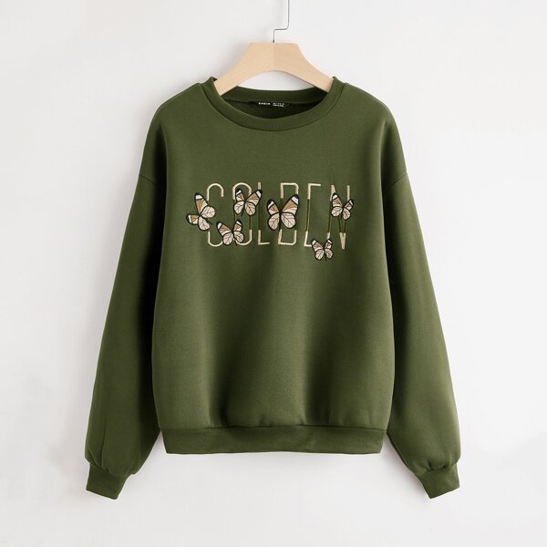 

Butterfly & Letter Embroidered Drop Shoulder Sweatshirt, Army green