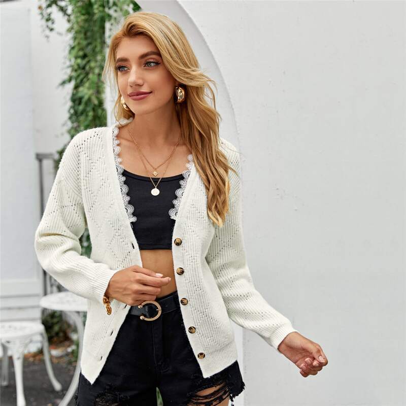 

Lace Trim Button Front Pointelle Knit Cardigan, White