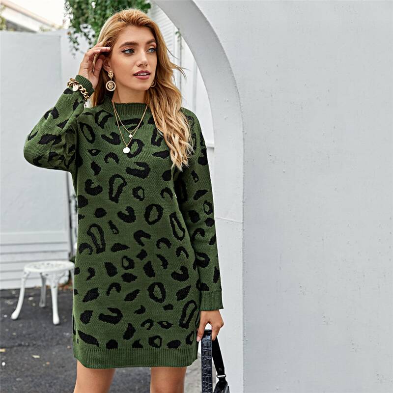 

Mock Neck Drop Shoulder Leopard Sweater Dress, Army green