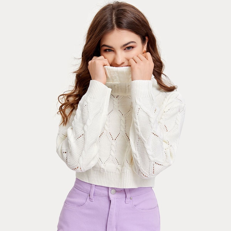 

Cable Knit High Neck Crop Sweater, White