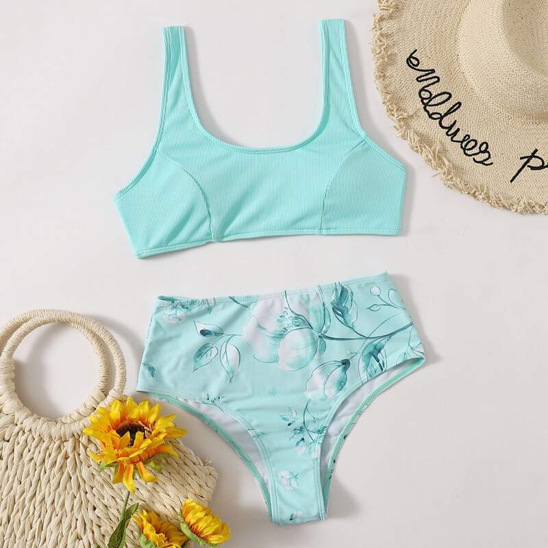 

Floral High Waist Bikini Swimsuit, Mint blue