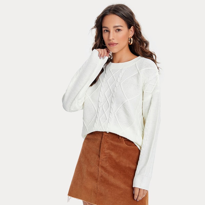 

Cable Knit Drop Shoulder Sweater, Beige