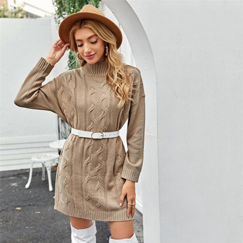 

High Neck Drop Shoulder Sweater Dress Without Belt, Khaki