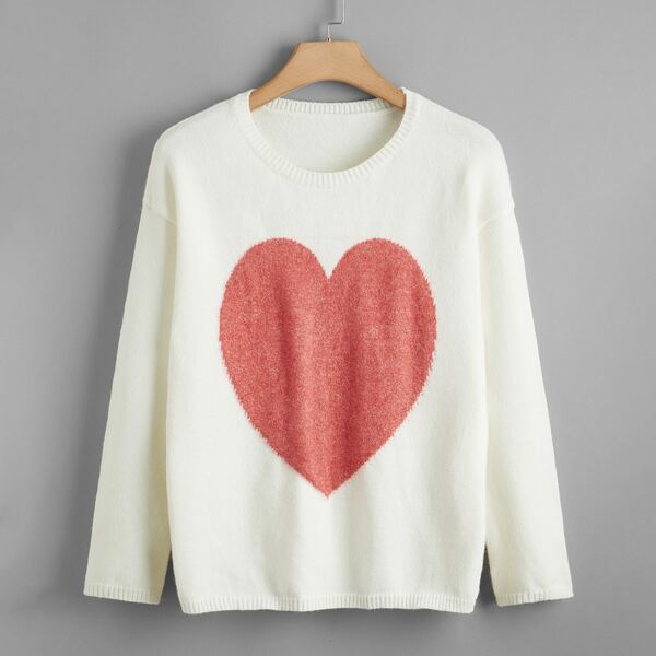 

Plus Drop Shoulder Heart Pattern Sweater, Beige