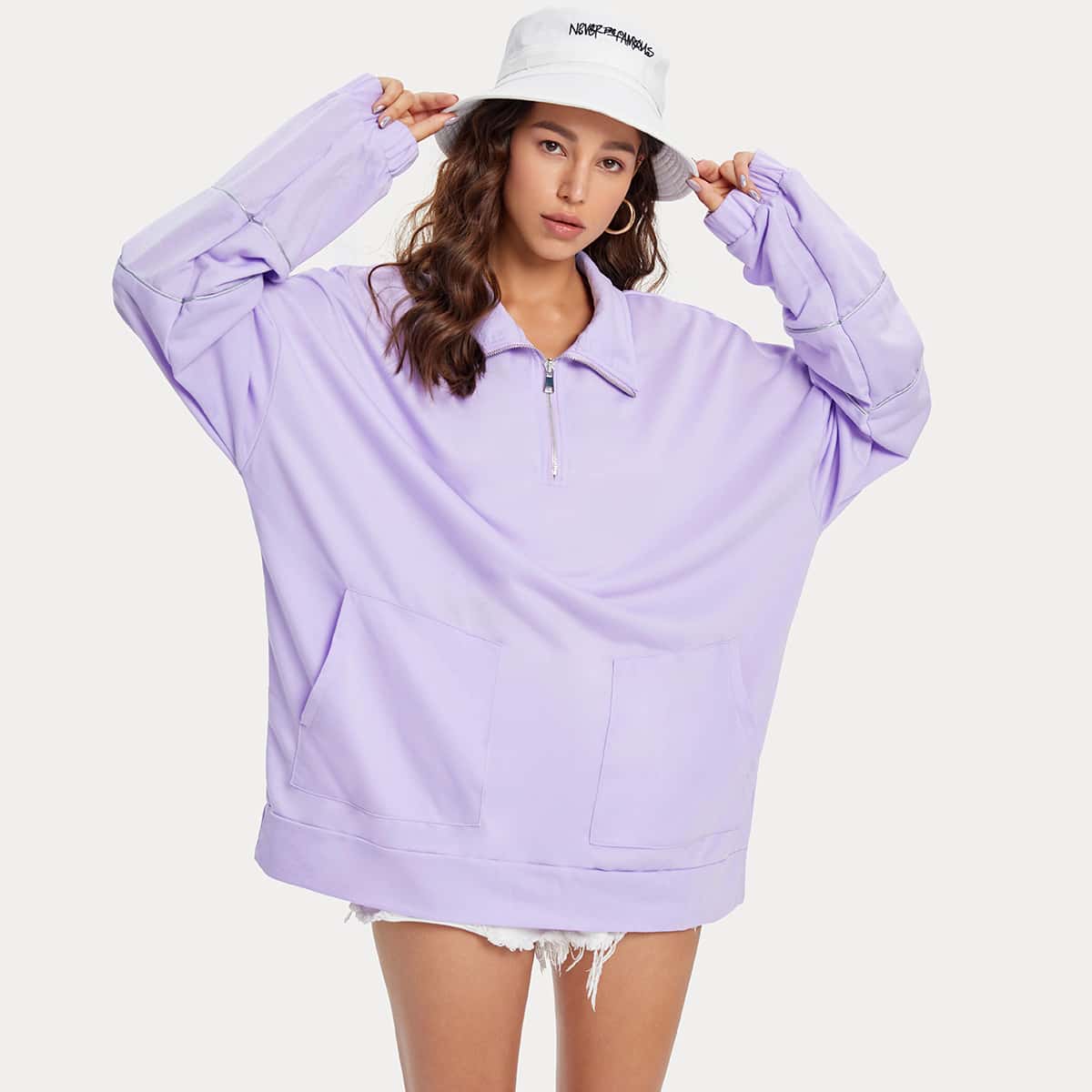 

Quarter Zipper Dual Pockets Oversized Sweatshirt, Lilac purple