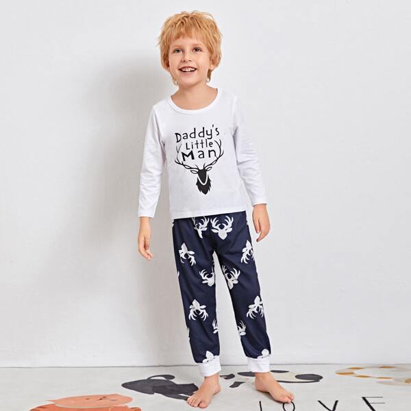 

Toddler Boys Elk And Slogan Graphic PJ Set, Blue and white