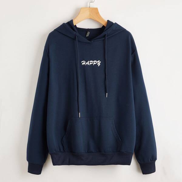 

Letter Graphic Kangaroo Pocket Drawstring Hoodie, Navy blue