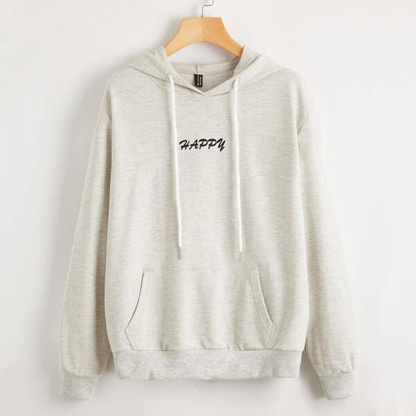 

Letter Graphic Kangaroo Pocket Drawstring Hoodie, Light grey