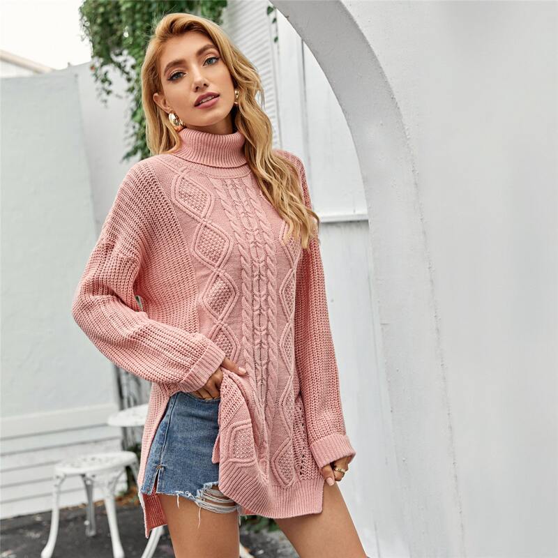 

Turtle Neck Split Side Cable Knit Sweater, Dusty pink