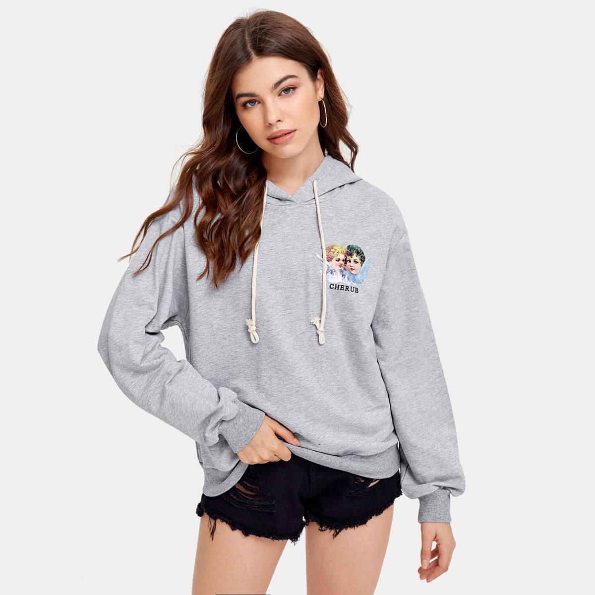 

Drop Shoulder Letter Graphic Drawstring Hoodie, Light grey