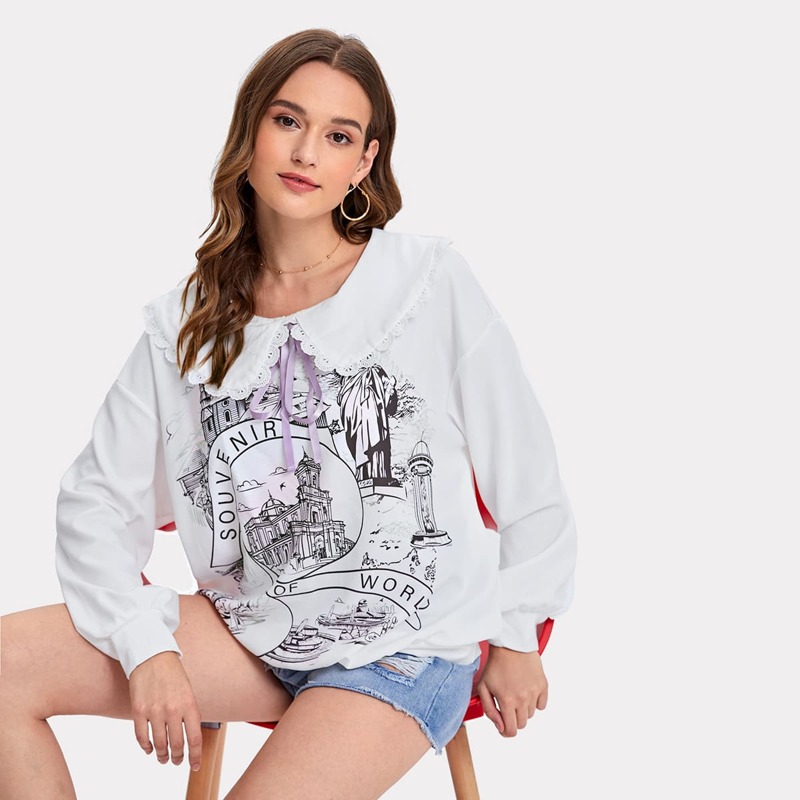 

Drop Shoulder Sailor Collar Letter Graphic Pullover, White