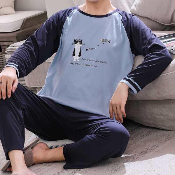 

Men Slogan & Cartoon Graphic PJ Set, Blue