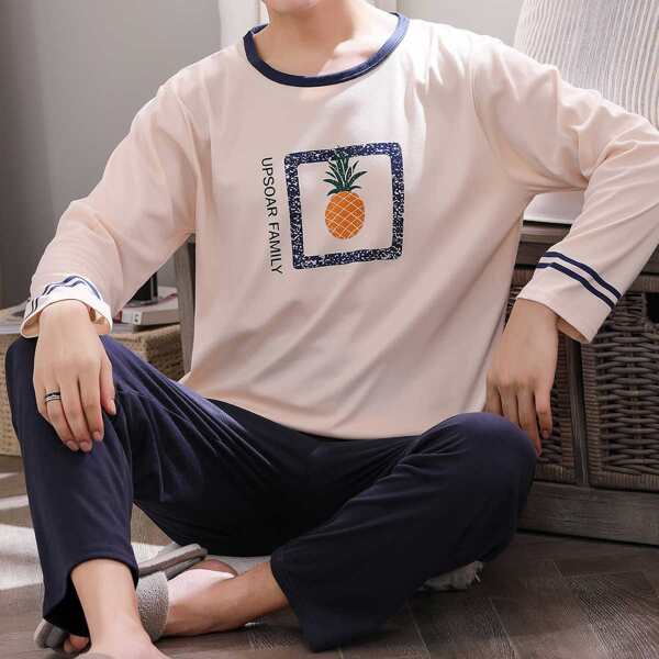 

Men Letter & Pineapple Print PJ Set, Multicolor