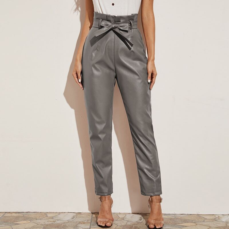 

Paperbag Waist Belted PU Leather Pants, Grey