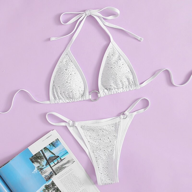 

Rhinestone Ring Linked Triangle Bikini Swimsuit, White