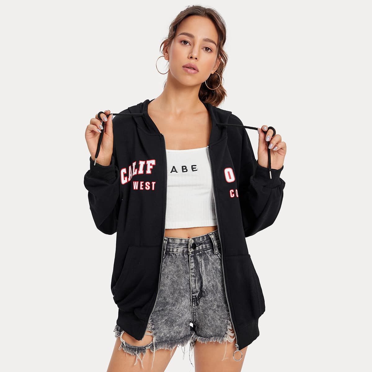 

Letter Graphic Drop Shoulder Zipper Up Hooded Sweatshirt, Black