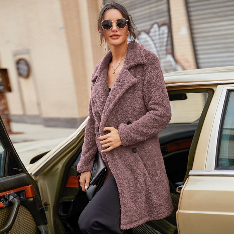 

Lapel Collar Double Breasted Teddy Coat, Mauve purple