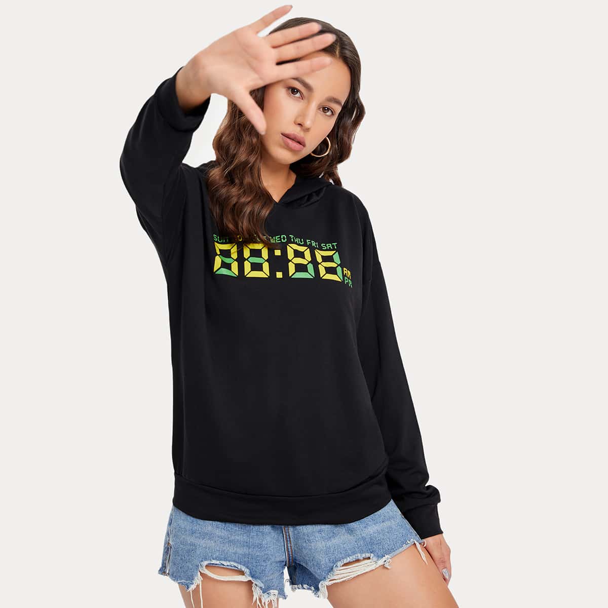 

Letter & Number Print Hoodie, Black