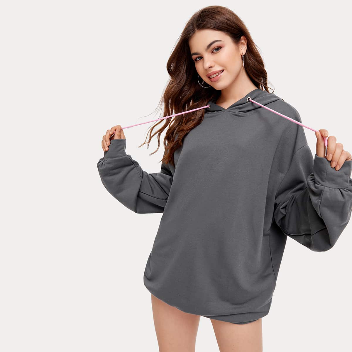 

Drop Shoulder Drawstring Oversized Hoodie, Dark grey
