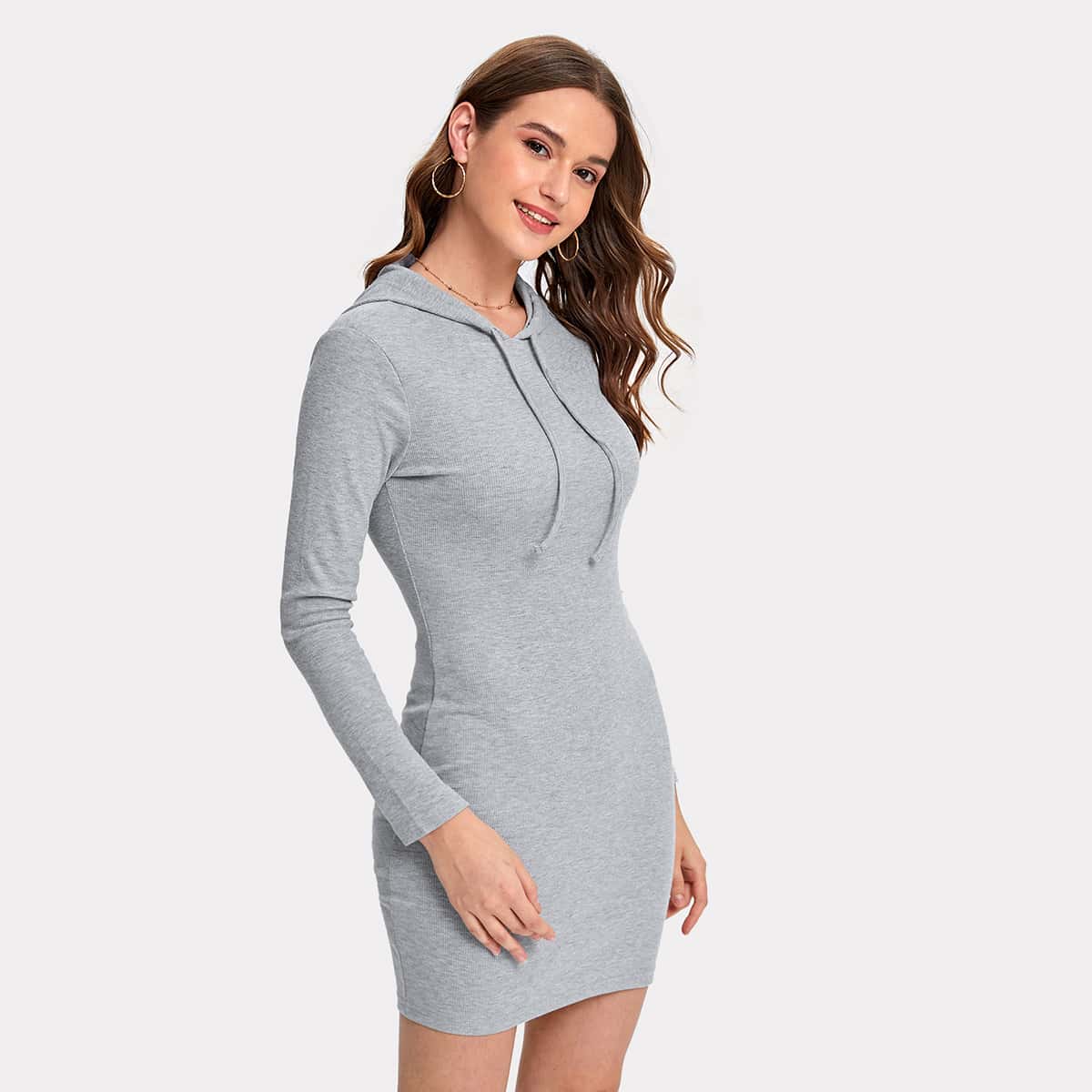 

Solid Drawstring Bodycon Sweatshirt Dress, Light grey