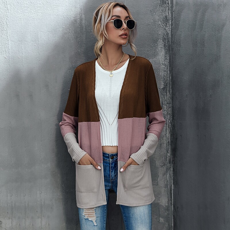 

Cut And Sew Dual Pockets Waffle Coat, Multicolor