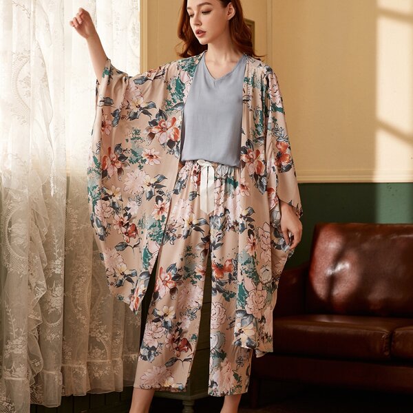 

4pcs Floral Print Bow Asymmetrical PJ Set, Multicolor