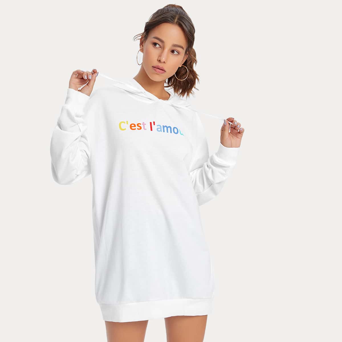 

Slogan Graphic Drawstring Hoodie Dress, White