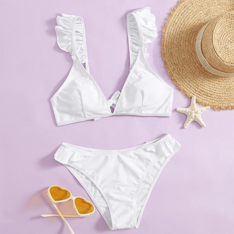 

Ruffle Trim Triangle Bikini Swimsuit, White