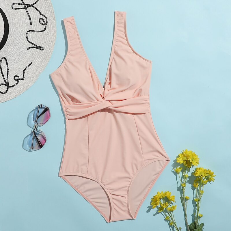 

Solid Twist One Piece Swimsuit, Baby pink