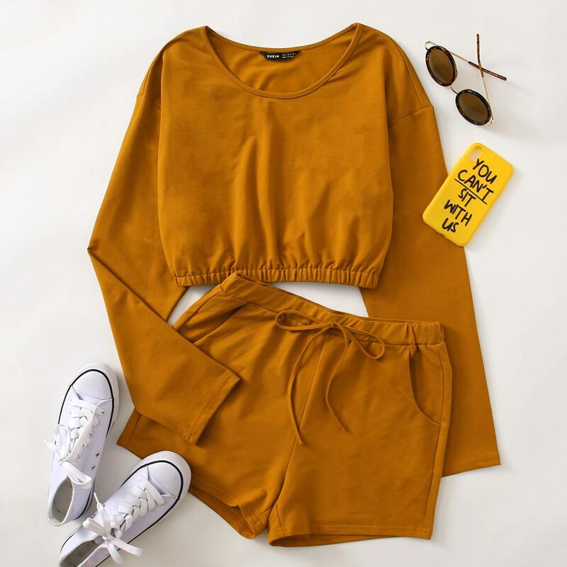 

Drop Shoulder Crop Pullover & Knot Front Track Shorts Set, Ginger