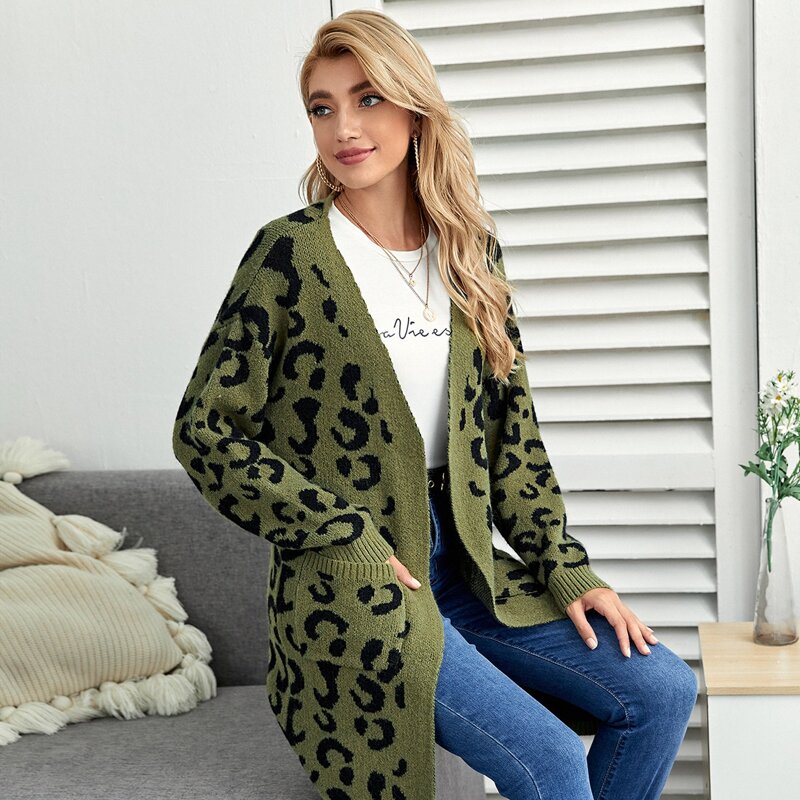 

Drop Shoulder Patch Pocket Leopard Cardigan, Multicolor