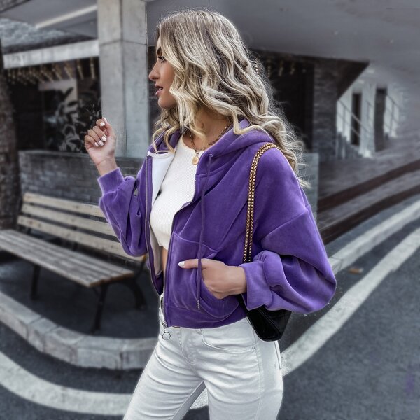 

Velvet Zip Up Hooded Sweatshirt, Violet purple