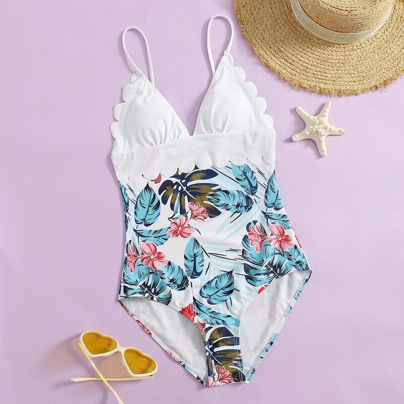 

Tropical Scallop Trim One Piece Swimsuit, White