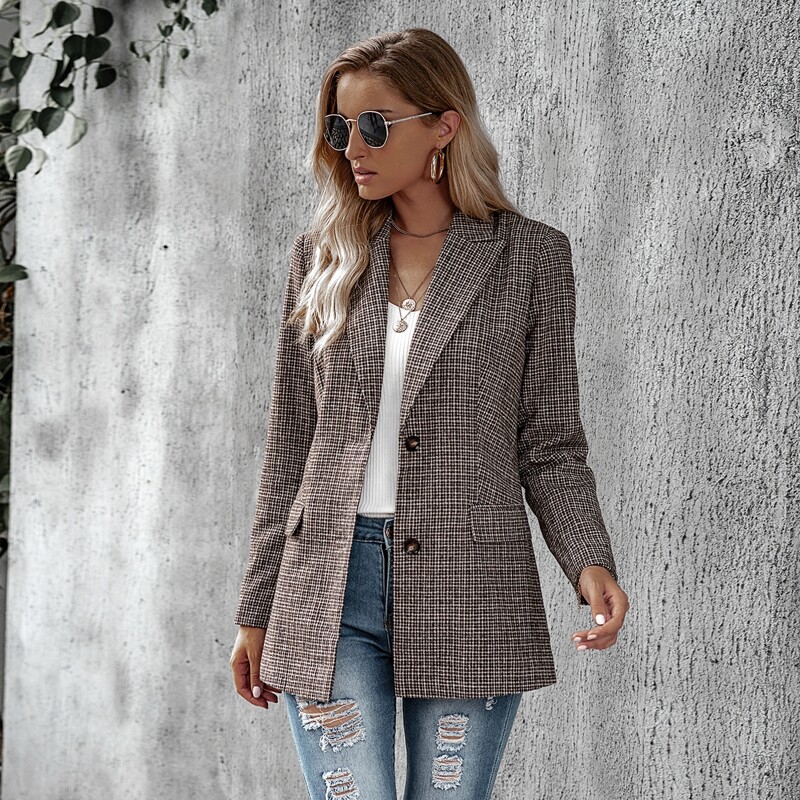 

Lapel Neck Gingham Tweed Blazer, Coffee brown