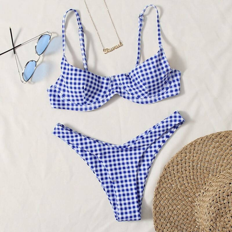 

Gingham Print High Cut Bikini Swimsuit, Blue and white