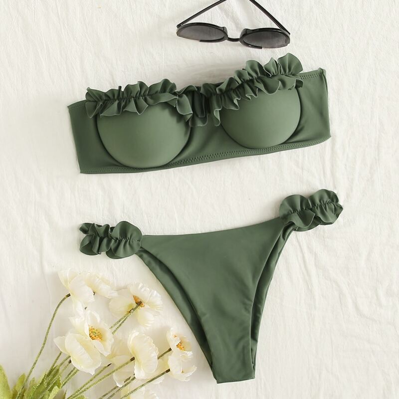 

Solid Frill Trim Push Up Bikini Swimsuit, Army green