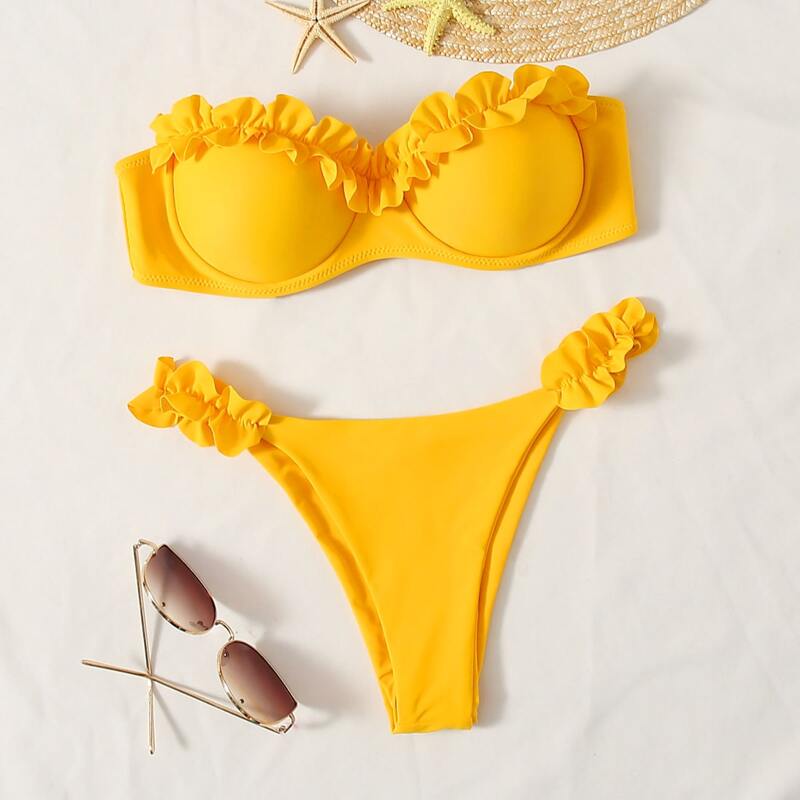 

Solid Frill Trim Push Up Bikini Swimsuit, Yellow