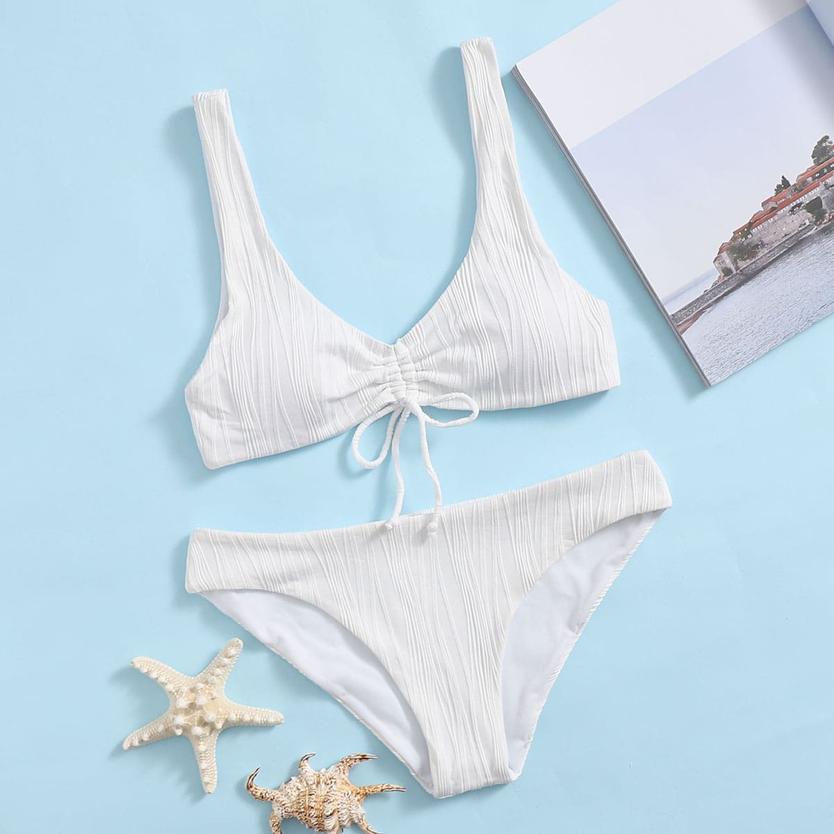 

Solid Ruched Bikini Swimsuit, White