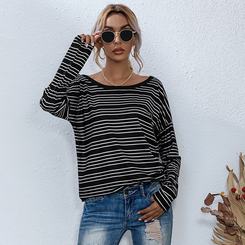 

Striped Criss Cross Back Oversized Tee, Black and white