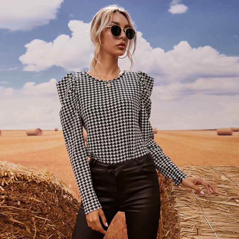 

Puff Sleeve Houndstooth Print Tee, Black and white