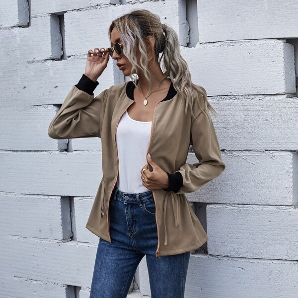 

Drawstring Waist Zip-up Bomber Jacket, Mocha brown