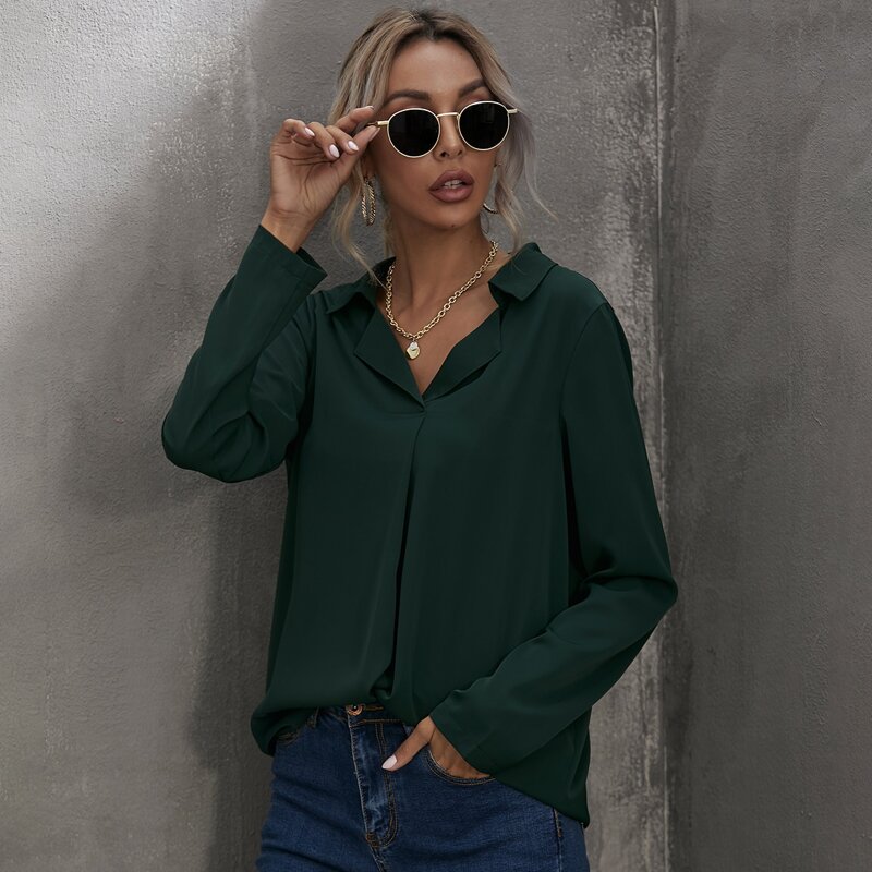 

Solid Lapel Neck Blouse, Dark green
