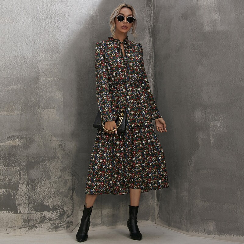 

Floral Tie Neck Ruffle Trim A-line Dress, Multicolor
