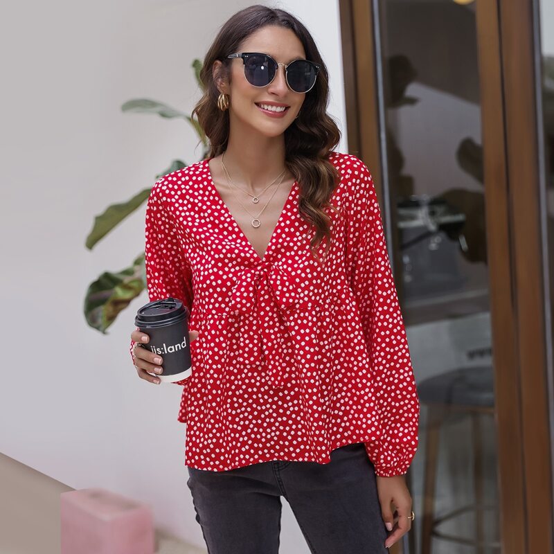

Ditsy Floral Print Tie Front Blouse, Red
