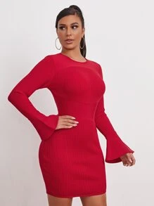 Vestido de canalé de manga con volante unicolor - Rosa Roja - Ver 1