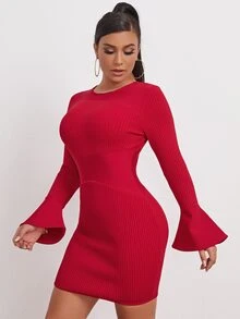 Vestido de canalé de manga con volante unicolor - Rosa Roja - Ver 3